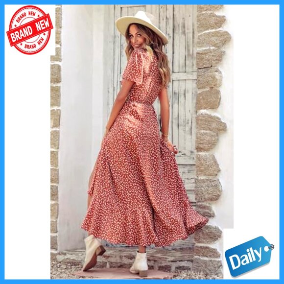 Boho Floral Maxi Dress Wrap V Neck Short Sleeve Flowy Summer Wedding Guest - Picture 6 of 7